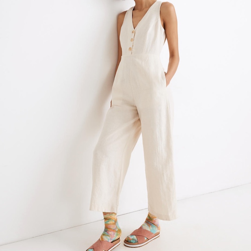Madewell linen-blend sleeveless button-front jumpsuit summer 0